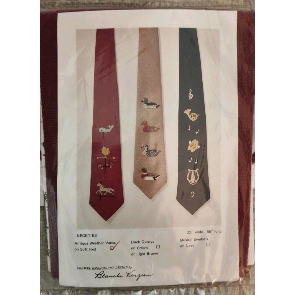 Weathervanes Crewel Embroidery Linen Necktie Kit Burgundy Vtg Blanche Virgien